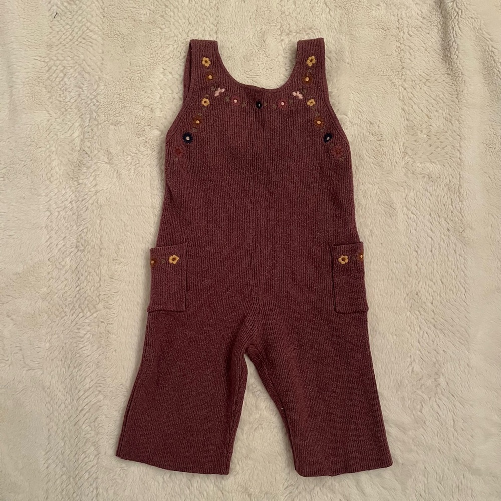 ZARA Kids Maroon Knit Overalls with Floral Embroidery